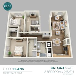 A 3A floor plan for a 1,374 square foot apartment with three bedrooms and two bathrooms.