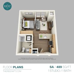 A floor plan for a studio apartment with one bedroom, one bathroom, and one studio space.
