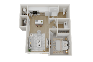 a bedroom floor plan with a bathroom and a living room