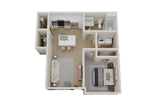 a bedroom floor plan with a bathroom and a living room