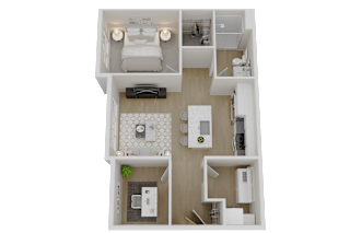 a bedroom floor plan with a bathroom and a bed