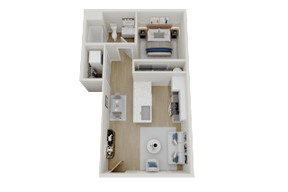 a 3d rendering of a bedroom with a bathroom and a living room