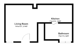 A floor plan of a house with a living room, kitchen and bathroom.