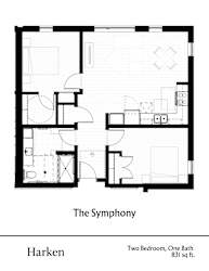 A black and white image of a floor plan for a two bedroom, one bathroom apartment.
