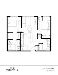 A black and white image of a floor plan for a mid-sized apartment.