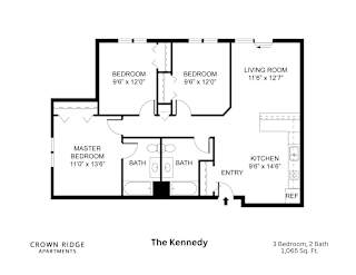 A black and white image of a floor plan for a three bedroom, two bathroom apartment.