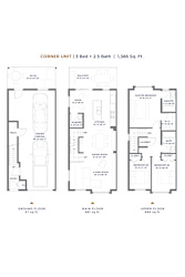 A floor plan for a corner unit apartment with 3 bedrooms, 2.5 bathrooms, and a total area of 1,386 square feet.