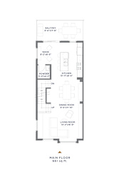 A floor plan of a house with a living room, dining room, kitchen, powder room, nook, and balcony.
