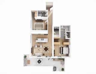 A floor plan of a modern apartment with a kitchen, living room, and bedrooms.