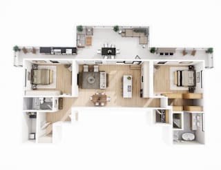 A top-down view of a house layout with multiple rooms and furniture.