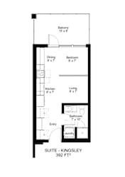 A floor plan of a suite at Kingsley is shown with dimensions.