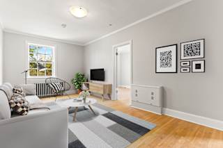 A living room with a grey couch, a coffee table, a plant, and a TV.