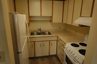 A kitchen with a white refrigerator, stove, and sink.