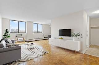 A living room with a grey couch, a white sofa, a television, and a plant.