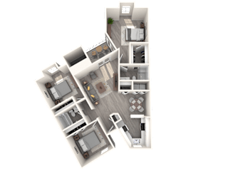 A 3D rendered image of a modern house layout.