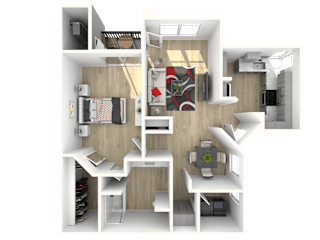 A 3D rendered image of a small apartment layout.