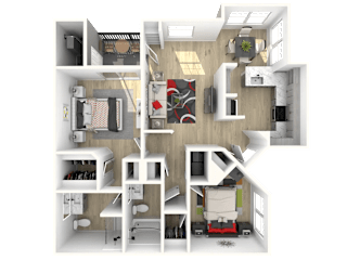 A 3D floor plan of a house showing a kitchen, living room, dining room, and bedrooms.