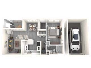 A top-down view of a small apartment with a kitchen, living room, and bathroom.