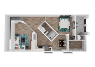 A top-down view of a room with a bed, a couch, a table, and a kitchenette.