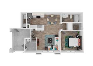 A top down view of a small apartment with a kitchen, living room, and bathroom.