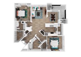 A top-down view of a small apartment with a kitchen, living room, and bedroom.