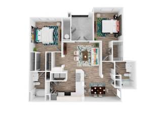 A top-down view of a small apartment with a kitchen, living room, and bedroom.