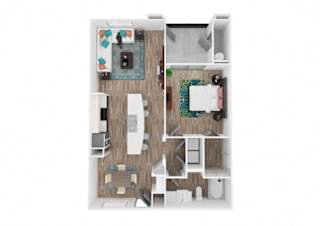 A top-down view of a small apartment with a kitchen, living room, and bathroom.