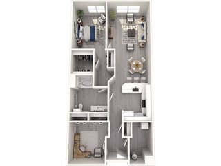 A 3D floor plan of a small apartment with a kitchen, living room, and bathroom.