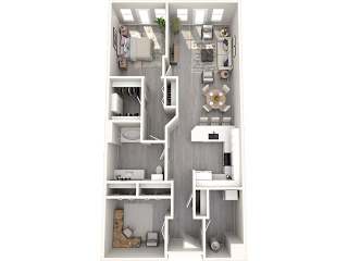 A diagram of a house layout with a kitchen, living room, and bathroom.