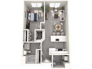 A small white room with a bed, desk, and shelves.