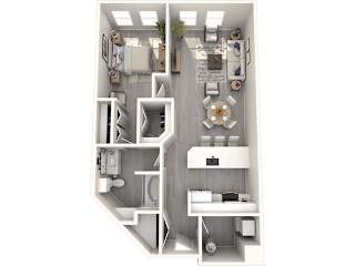 A white 3D floor plan of a small apartment with a kitchen, living room, and bathroom.