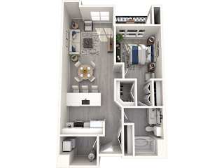 A 3D floor plan of a small apartment with a kitchen, living room, and bathroom.