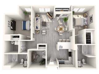 A top-down view of a small apartment with a kitchen, living room, and bedroom.