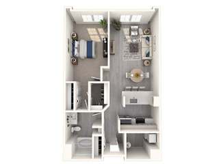 A 3D floor plan of a small apartment with a kitchen, living room, and bathroom.