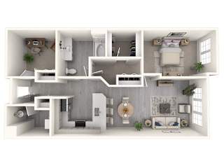 A 3D rendered image of a modern, minimalist apartment layout.