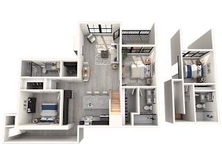 A 3D floor plan of a house with multiple rooms.