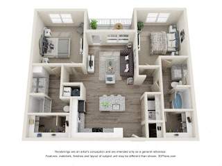 A 3D floor plan of a house with a kitchen, living room, and two bedrooms.