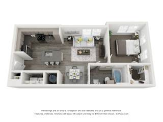 A 3D floor plan of a house with a kitchen, living room, and bedrooms.