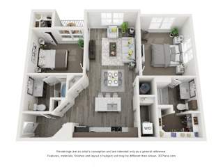 A 3D floor plan of a house with labeled rooms.