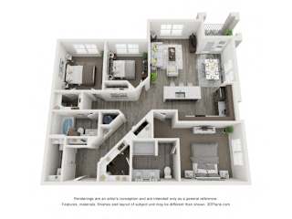 A 3D floor plan of a house with a kitchen, living room, and two bedrooms.