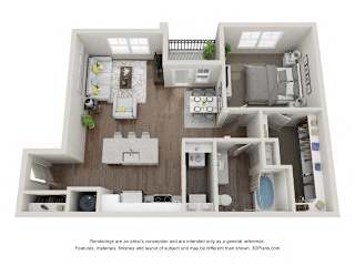 A 3D floor plan of a house with a kitchen, living room, and bathroom.