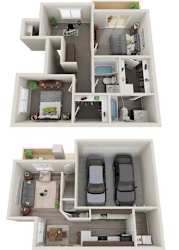 A 3D floor plan of a house with two bedrooms, a living room, a kitchen, a bathroom, and two parking spaces.