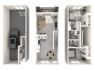Three images of a small apartment layout.