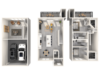 Three different floor plans of a house with a garage and a kitchen.