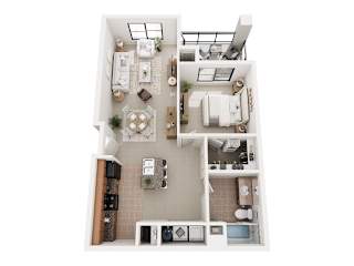 A top-down view of a small apartment with a kitchen, living room, and bathroom.
