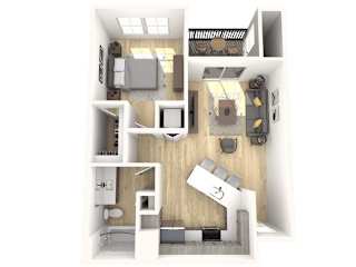 A 3D floor plan of a small apartment with a kitchen, living room, and bathroom.
