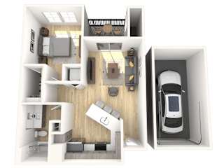 A 3D floor plan of a small apartment with a kitchen, living room, and bedroom.