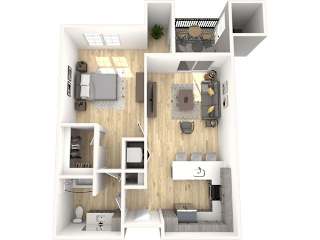 A top-down view of a modern apartment layout with a kitchen, living room, and bedrooms.