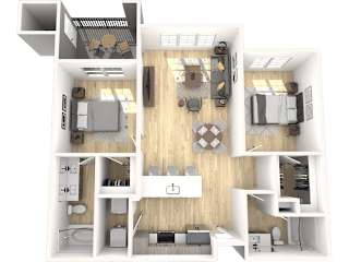 A 3D floor plan of a house showing a kitchen, living room, and two bedrooms.
