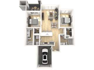 A top-down view of a house layout with a kitchen, living room, and bedrooms.